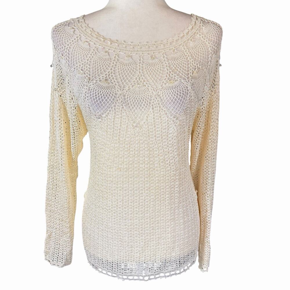 Vtg 70s Hand Crocheted Ivory Sweater Womens M Beaded Bohemian Boho Hippie